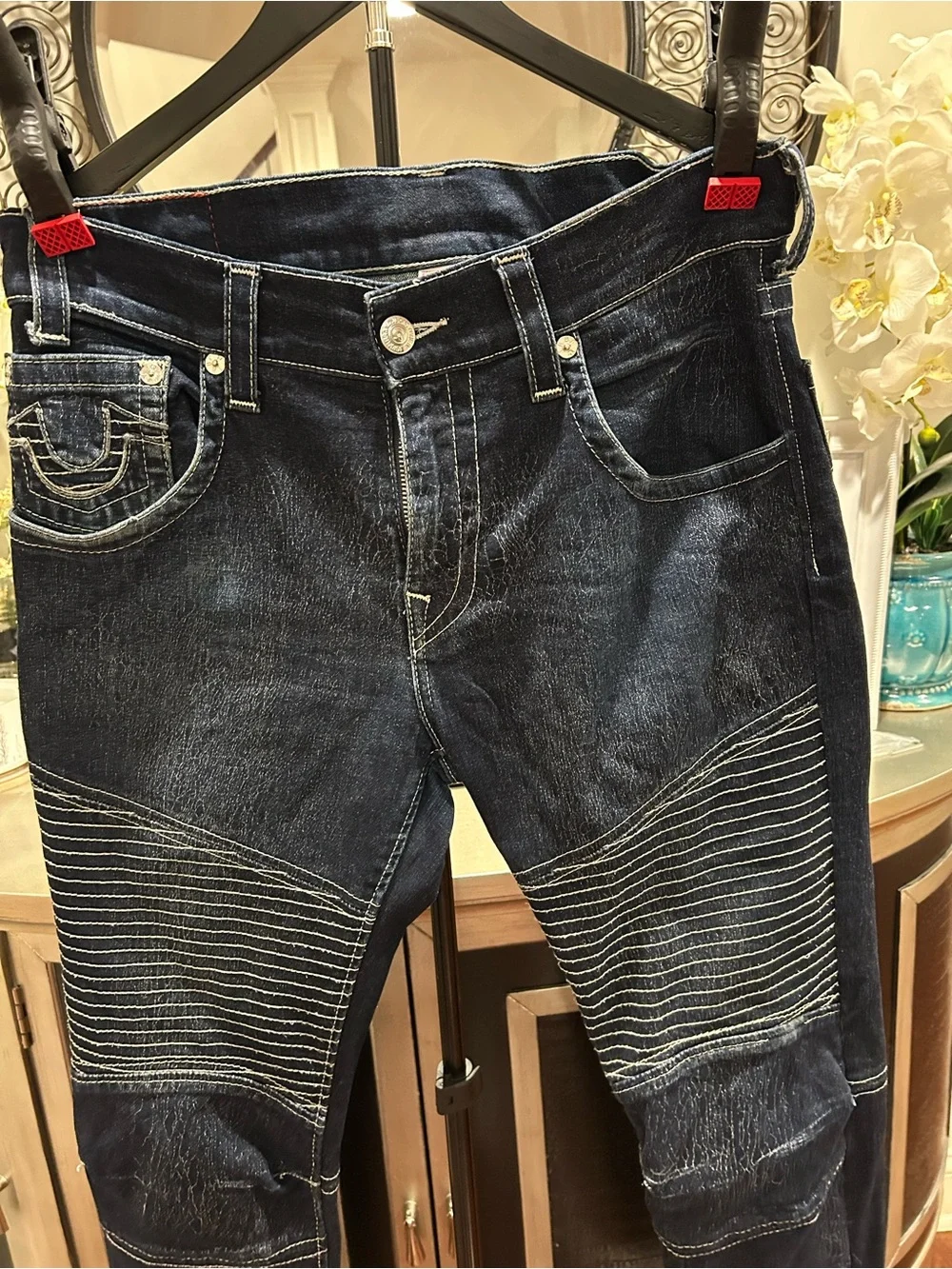 True Religion Men's Dark Indigo Moto Slim Straight Jeans